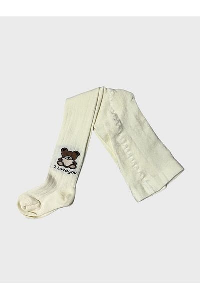 ALİŞ KİDS Girl's Cotton Ecru Teddy Bear Patterned Washed Perfumed Soft Textured Pantyhose