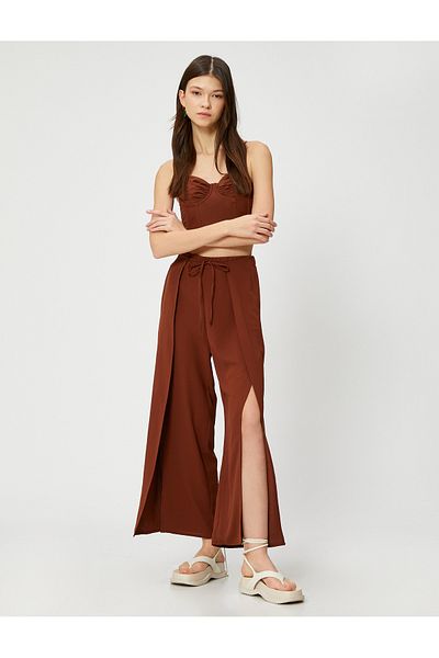 Koton Wide Leg Trousers with Lace-Up Waist Slit Detail