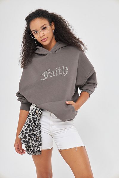 The Champ Clothing Hanorac afumat supradimensionat din lână cu glugă cu imprimeu Faith Written Stone