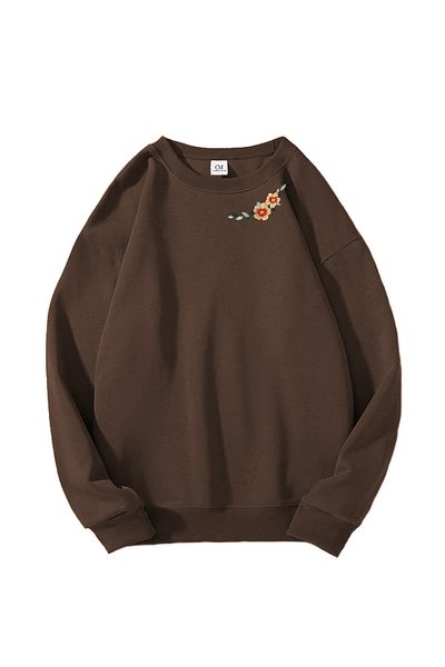 COMBİNE MİCHAİL Long Sleeve Flower Embroidered Women's Sweatshirt - Brown