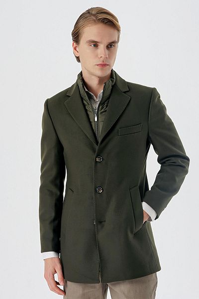 İmza Căptușeală matlasată cu ștampilă kaki închis, guler mono, haină clasică slim fit1008235167