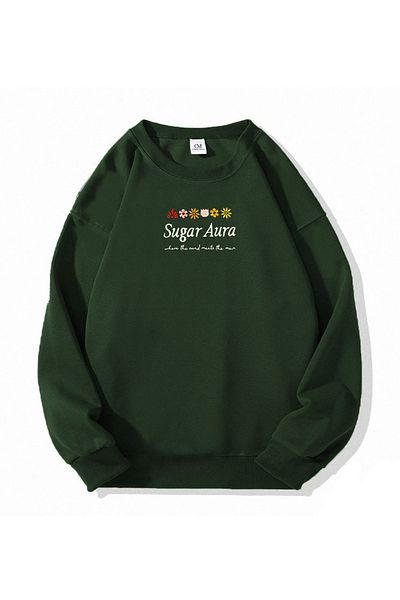 COMBİNE MİCHAİL Dark Green'Sugar Aura' Flower Patterned Embroidered Women's Sweatshirt