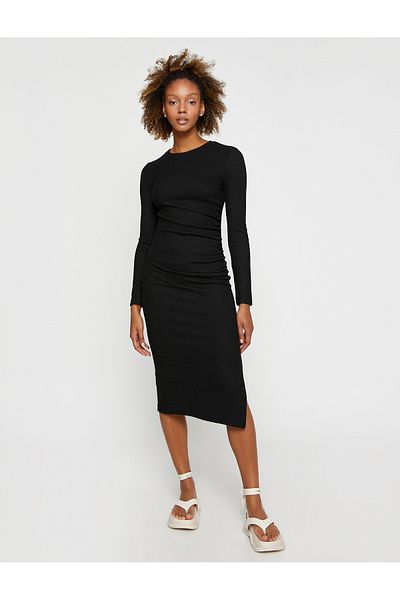 Koton Midi Pencil Dress Detailní výstřih s dlouhým rukávem a výstřihem