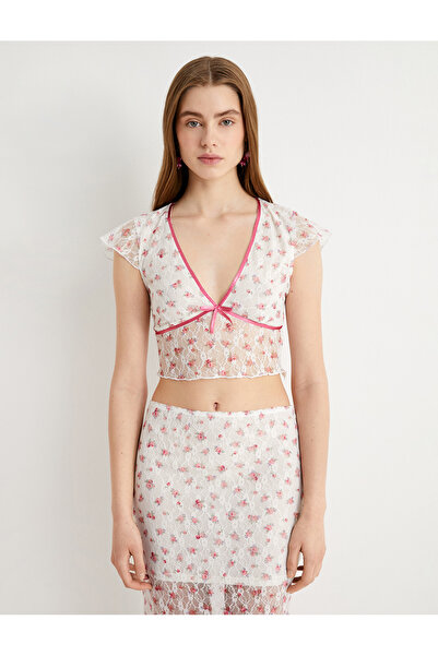 Koton V-Neck Slim Fit Floral Δαντελωτή Μπλούζα από Τούλι - Λεπτομέρεια με φιόγκο και βολάν