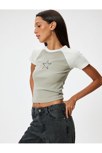 Koton Star Printed Slim Fit T-Shirt - Raglan Sleeve, Crew Neck