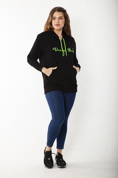 Şans Women's Large Size Black Hooded Kangaroo Pocket Sweatshirt 65N37185