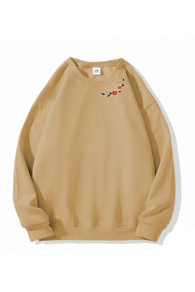 COMBİNE MİCHAİL Long Sleeve Flower Embroidered Women's Sweatshirt - Vizon