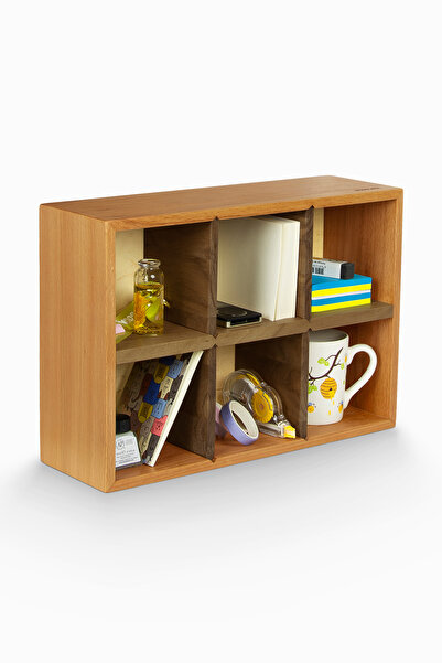 Woodsaka Bölmeli Eşya Rafı & Saklama Kutusu - 6 Kabin - Ceviz ve Kayın Ağacından