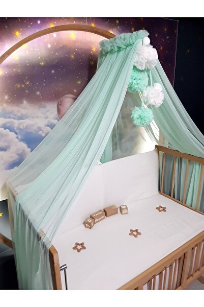 bebek_iklimi Bebek Lüks Cibinlik Takımı - Su Yeşili Ve Beyaz Dört Ponponlu - ...