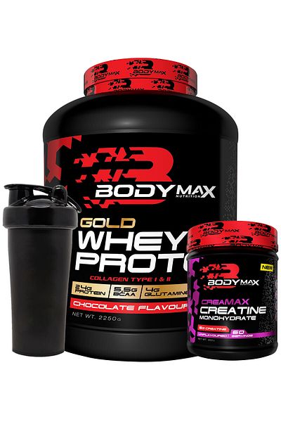 BODYMAX Gold Whey Protein - Chocolate Flavored Powder 2250 Gr, Creamax Creatine 300 Gr and Shaker Gift