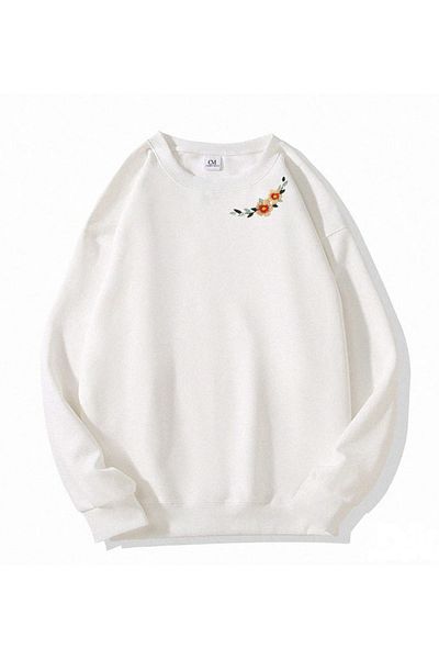 COMBİNE MİCHAİL Long Sleeve Floral Embroidered Women's Sweatshirt - Ecru