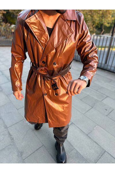 elkumoda Палто от изкуствена кожа - с джобове, водоотблъскващо, дълго двуредно тренчкот с колан