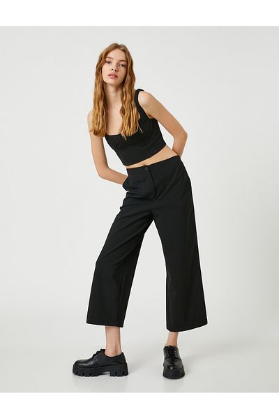 Koton Wide Leg Fabric Trousers Normal Waist With Stitching Detail