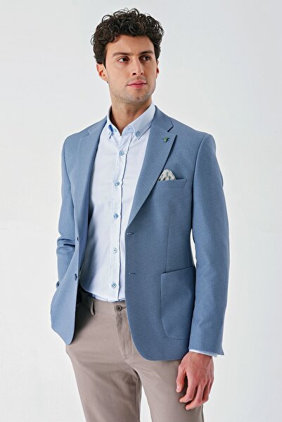 İmza Koyu Mavi Örme Mono Yaka Çift Yırtmaç Likralı 6 Drop Slim Fit Dar Kesim Klasik Ceket 1002240138