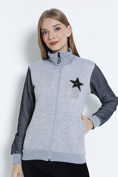 İntensive Women's Zippered Sleeve Zippered Stone Detailed Cardigan