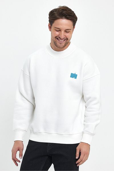 COMBİNE MİCHAİL Men's Embroidered Oversize Sweatshirt - Throat, Ecru
