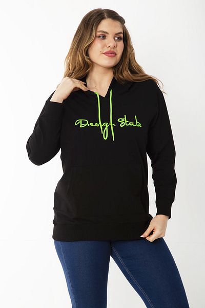 Şans Women's Large Size Black Hooded Kangaroo Pocket Sweatshirt 65N37185