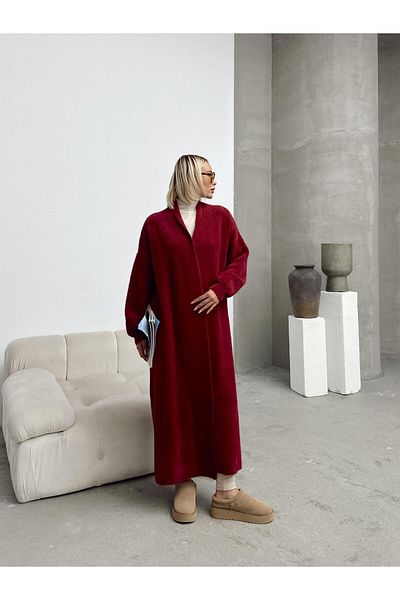 Olcay Burgunderfarbener langer, lockerer Strick-Cardigan – 8245