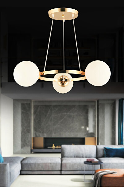 Genel Markalar Gold 3 Lü Halka Beyaz Glop Camlı Modern Avize