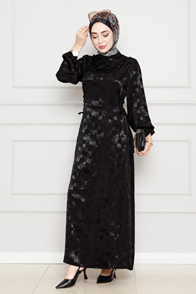 Sevitli Ahu Side Lace Up Σατέν Βραδινό Φόρεμα-Μαύρο