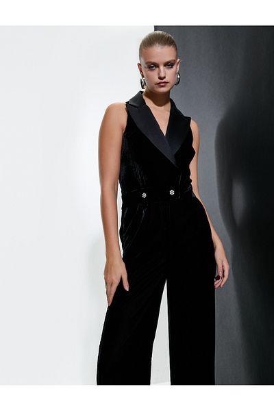 Koton Ärmelloser Overall mit weitem Bein – Samt-Abendkleid, Jackenkragen