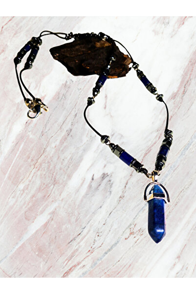 ayrestyle Doğal Taş Bohem Erkek Uzun Kolye - Lapis Lazuli Doğal Taş İpli Bohem 65CM Çivi Kolye Uçlu Kolye