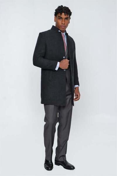 İmza Μαύρο ραμμένο γιακά με μοτίβο μάλλινο σκίσιμο με λεπτή γραμμή κλασικό πανωφόρι 1005225154