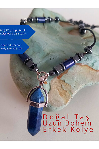 ayrestyle Doğal Taş Bohem Erkek Uzun Kolye - Lapis Lazuli Doğal Taş İpli Bohem 65CM Çivi Kolye Uçlu Kolye