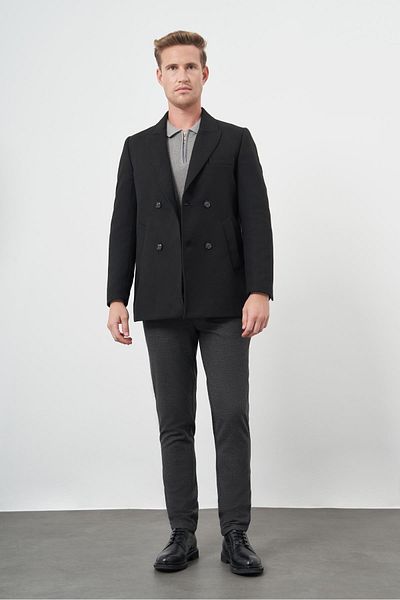 İmza Μαύρο κλασικό παλτό Slim Fit - Διπλό στήθος, γιακάς με σπαθί, χωρίς σχισμή, πλήρης επένδυση 1008245152