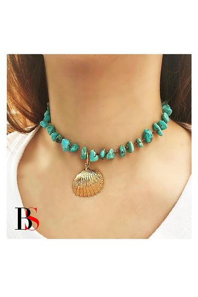 Bijustore Veined Turquoise Natural Stone Sea Shell Women's Necklace