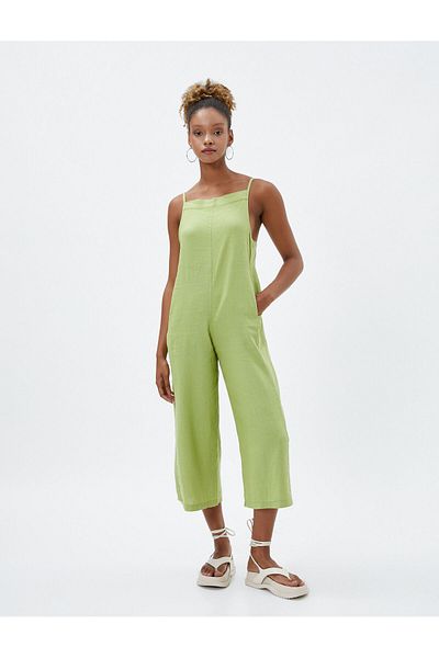 Koton Overall mit weitem Bein, Trägern, quadratischem Kragen und Tasche aus Leinenmischung