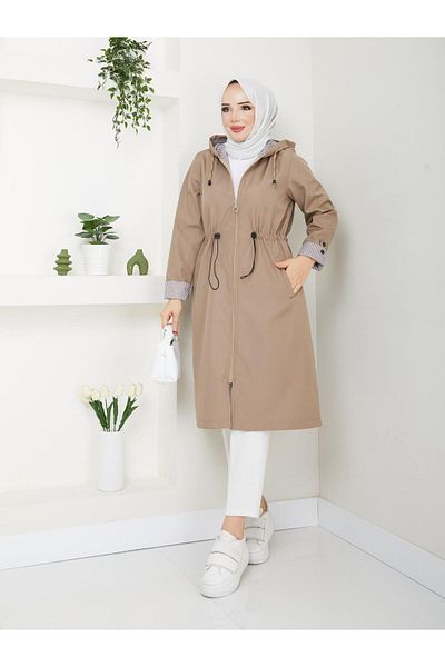 Dabenti women style Women's Large Size Ankle Striped Hooded Trench Coat