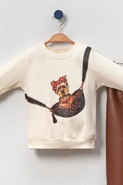 CreativeBebe Комплект от 2 части за момиче с дълъг ръкав с фигура на куче, волан и детайлна талия, еластичен крачол