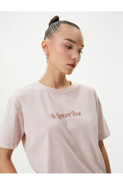 Koton Short Sleeve T-Shirt Crew Neck Embroidery Detailed Comfortable Fit Cotton