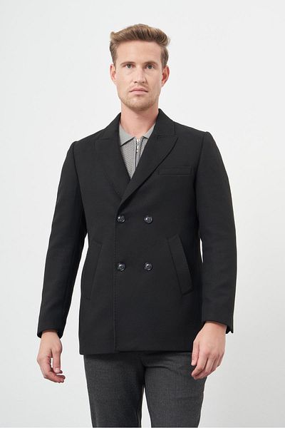 İmza Μαύρο κλασικό παλτό Slim Fit - Διπλό στήθος, γιακάς με σπαθί, χωρίς σχισμή, πλήρης επένδυση 1008245152