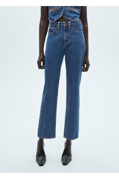 MANGO Woman Pantaloni de jeans cu croială dreaptă cu detaliu de contrast