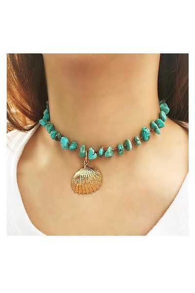 Bijustore Veined Turquoise Natural Stone Sea Shell Women's Necklace