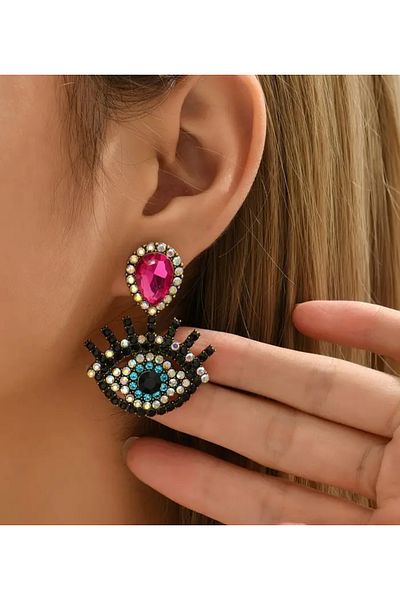 ER TAKI Pink Jewelled Eye Design Large Stylish Engagement Henna Wedding Evening Dress Earrings
