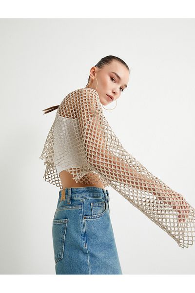 Koton Μακρυμάνικο Crop Crochet T-Shirt - Crew Neck