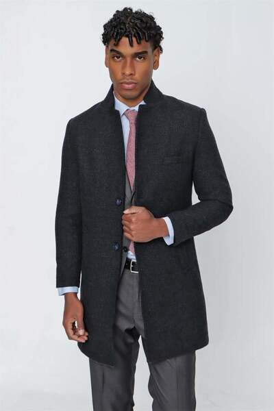 İmza Μαύρο ραμμένο γιακά με μοτίβο μάλλινο σκίσιμο με λεπτή γραμμή κλασικό πανωφόρι 1005225154