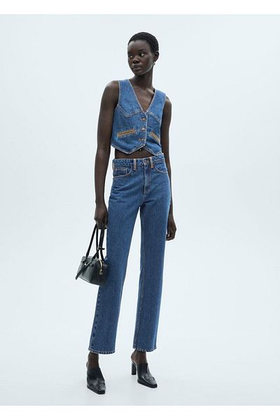 MANGO Woman Pantaloni de jeans cu croială dreaptă cu detaliu de contrast