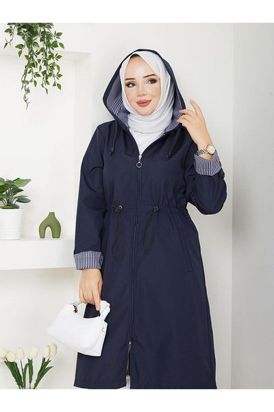 Dabenti women style Γυναικεία καμπαρντίνα με ριγέ μεγάλου μεγέθους με κουκούλα