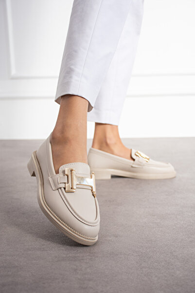 Pazzyonez Kadın Krem Cilt Günlük Rahat Casual Kalvaniz Tokalı Klasik Loafer Ayakkabı