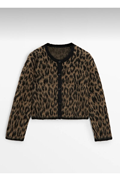 motina سترة صوفية منقوشة بنقشة الفهد البني برقبة دائرية للنساء