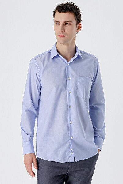 İmza Μπλε μακρυμάνικο Filafil με σκληρό γιακά βαμβακερό πουκάμισο Basic Comfort Fit 1004240002