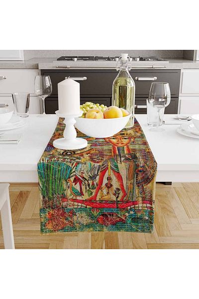 3D ELSE HALI Egyptian Hittite Ethnic Patterned Printed Stain Resistant Care Free Decorative Runner Cover 40X140Cm