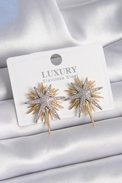 Genel Markalar Pirinç Gold Renk Zirkon Taşlı Kutup Yıldızı Model Kadın Küpe alithestereo