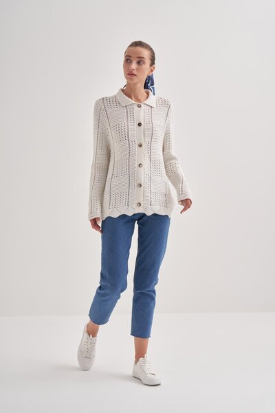 inspiration Yanı Yırtmaç Pamuk Hırka Ekru