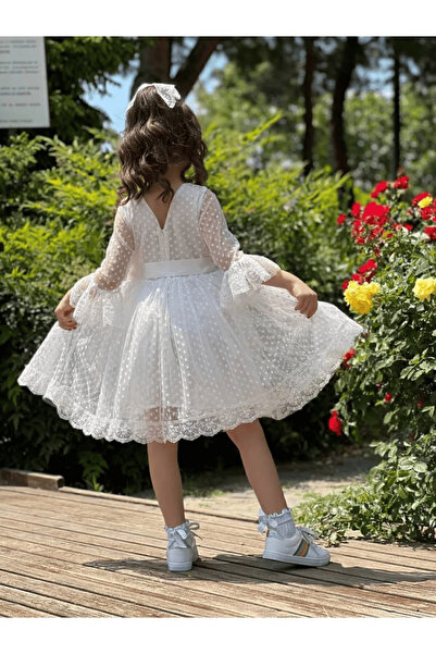 lillia kids Puanlı dantelli tokalı prenses model çocuk elbise