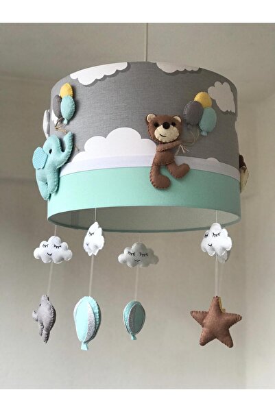 Leobabyroom Gri Bulutlu Mint Renkli Karışık Hayvan Figürlü Bebek/Çocuk Odası Tasarım Avize